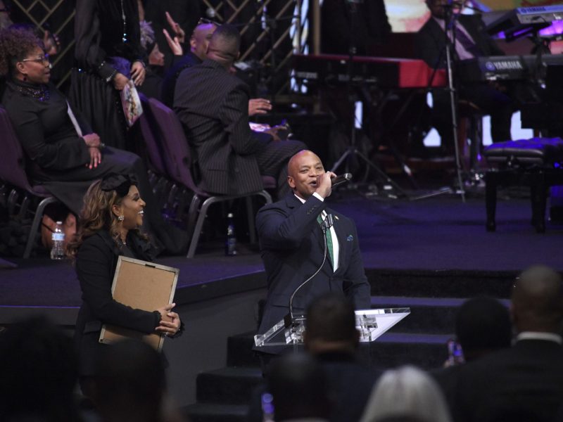Gov. Wes Moore speaks at the funeral of gospel composer Richard Smallwood before a packed congregation at First Baptist Church of Glenarden in Upper Marlboro, Maryland.