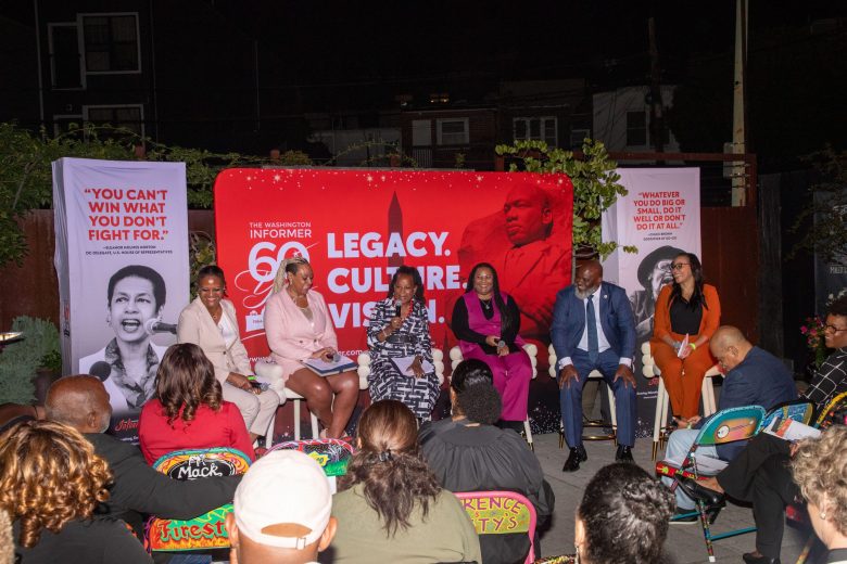 Panelists Chinyere Hubbard, Kathy Guzman, Denise Rolark Barnes, Courtney Edmonds, Corey Arnez Griffin, and Tonya Poindexter seated on stage at the WIN Exhibit Reception.