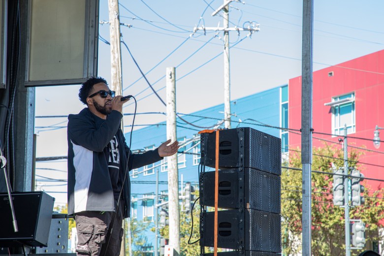 Swaliga Foundation founder Lemond “Mr. IMAG” Brown speaks to the crowd during the #STEAMtheBlock Party in Southeast D.C.