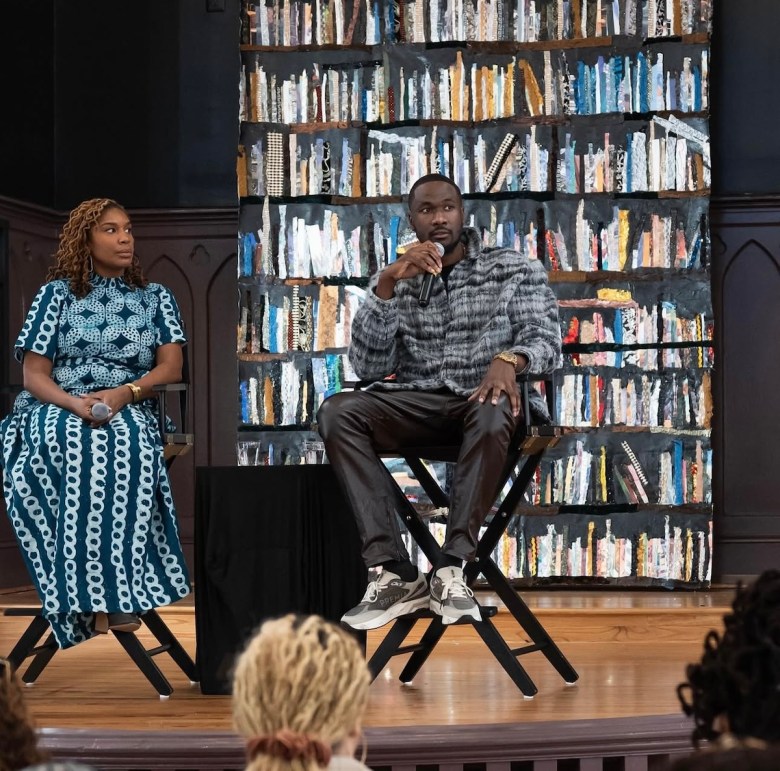 Martina Dodd joins DMV-based mixed media artist and creator of “Sacred Spaces,” Jabari Jefferson in conversation at the Banneker-Douglass-Tubman Museum earlier this year. Jefferson told The Informer this exhibit is especially personal as it's his first time hosting a project in his home region. (Courtesy of Jabari Jefferson via Instagram)
