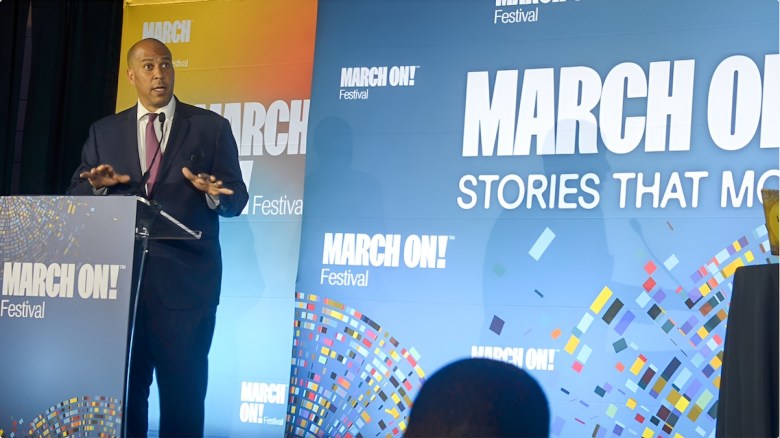 Sen. Cory Booker speaks at the March On! Festival Opening Night Gala, emphasizing the importance of storytelling and activism.