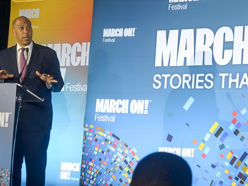 Sen. Cory Booker speaks at the March On! Festival Opening Night Gala, emphasizing the importance of storytelling and activism.
