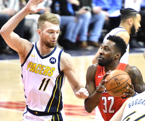 Washington Wizards forward Jeff Green drives against Indiana Pacers forward Domantas Sabonis in the first half of the Wizards' 107-89 victory at Capital One Arena in D.C. on Jan. 30. (John De Freitas/The Washington Informer)