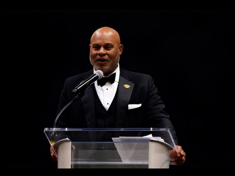 Boris Cheek speaks after receiving the Pigskin Club Award of Excellence at the 86th Annual Fall Sports Awards Dinner hosted by the Pigskin Club of Washington, D.C. at Catholic University of America on Feb. 21. (Marcus Relacion/The Washington Informer)