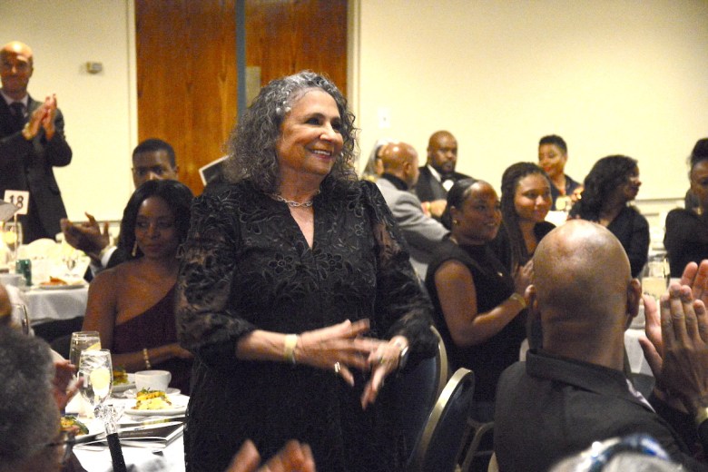 Legendary media mogul Cathy Hughes greets the crowd during The Hilltop's centennial celebration on Feb. 3. (Roy Lewis/The Washington Informer)