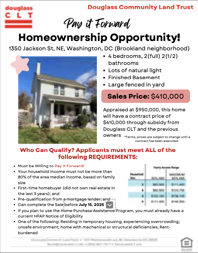 The Douglass Community Land Trust's "Pay it Forward" Ownership program gives home purchasers an opportunity to afford homes below cost and be part of a 50-year-old tradition of community investment.