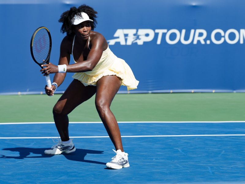 Venus Williams competes in the 2025 Mubadala Citi DC Open doubles match alongside Hailey Baptiste.