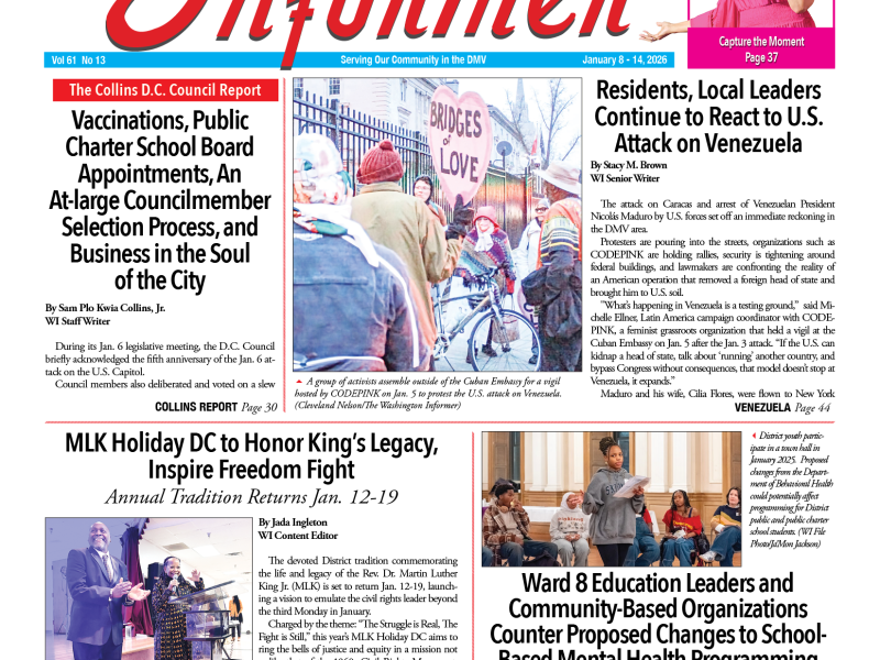 Front cover of The Washington Informer January 8–14, 2026 print edition featuring local and national news headlines